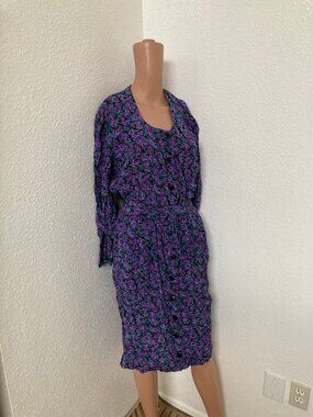 Vintage Liz Roberts Purple Floral Button-Front Dress with Tie Waist – M/L